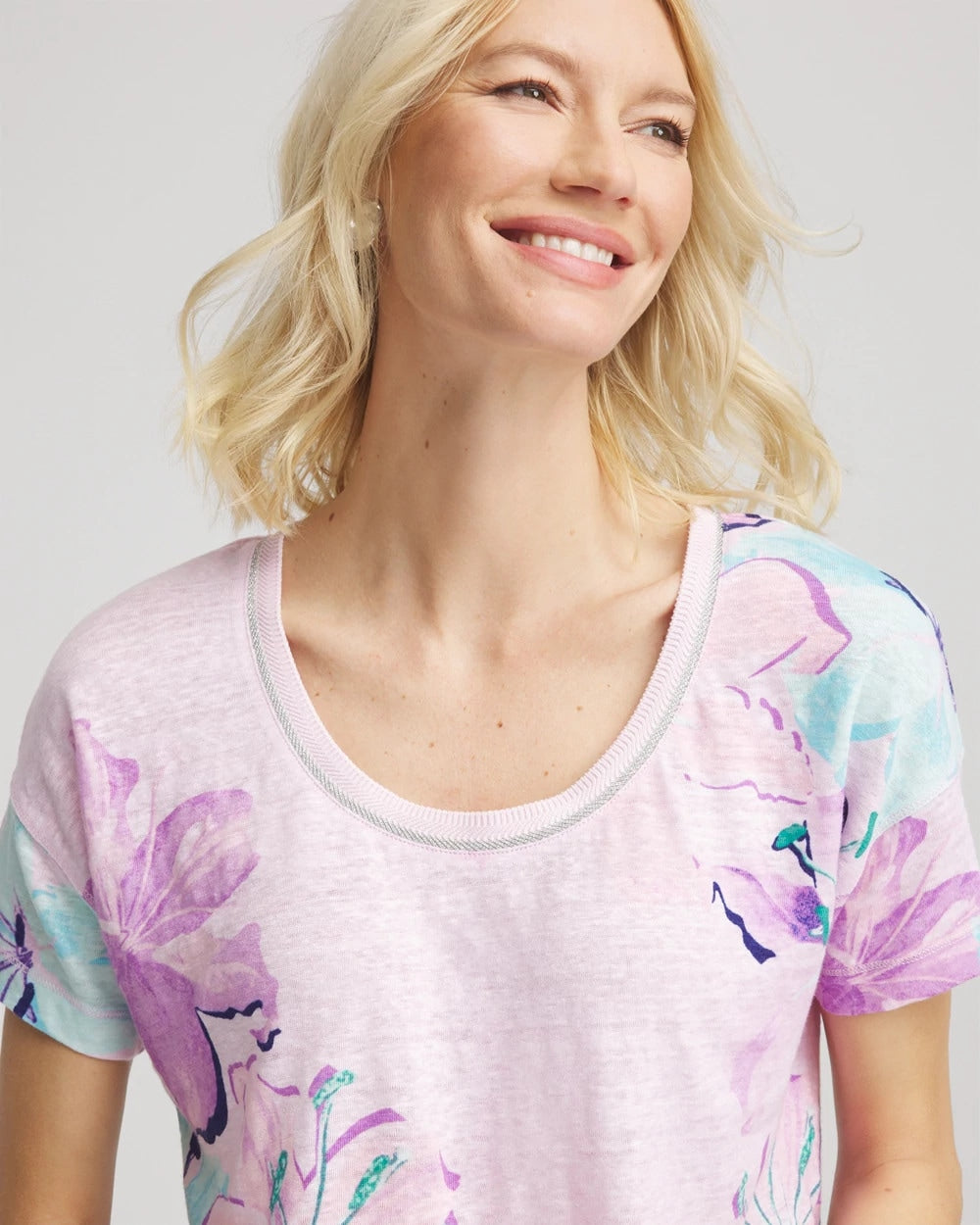 Chico's Clothing Floral Sweater-Trim Linen Tee