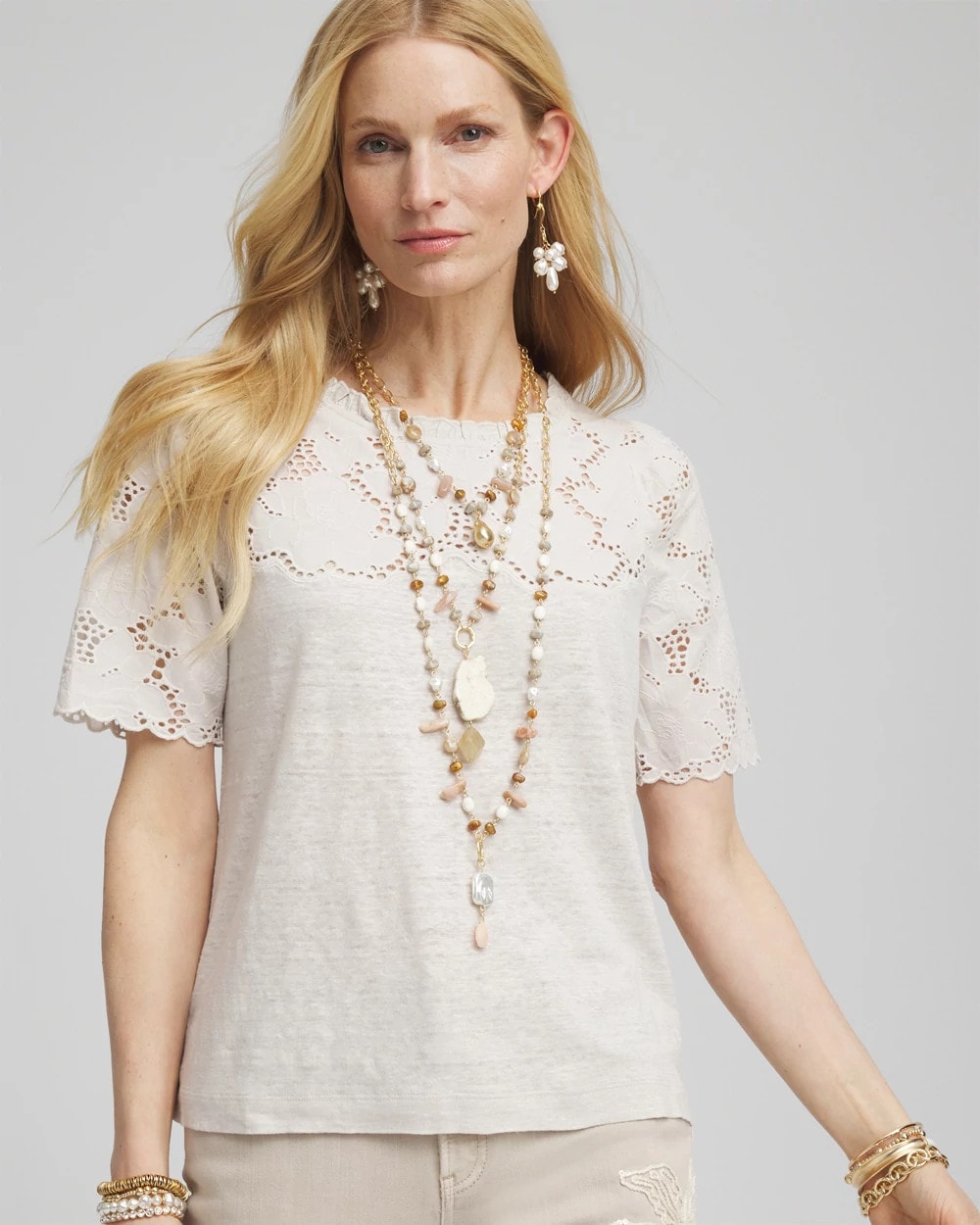 Chico's Clothing Embroidered Lace Linen Tee