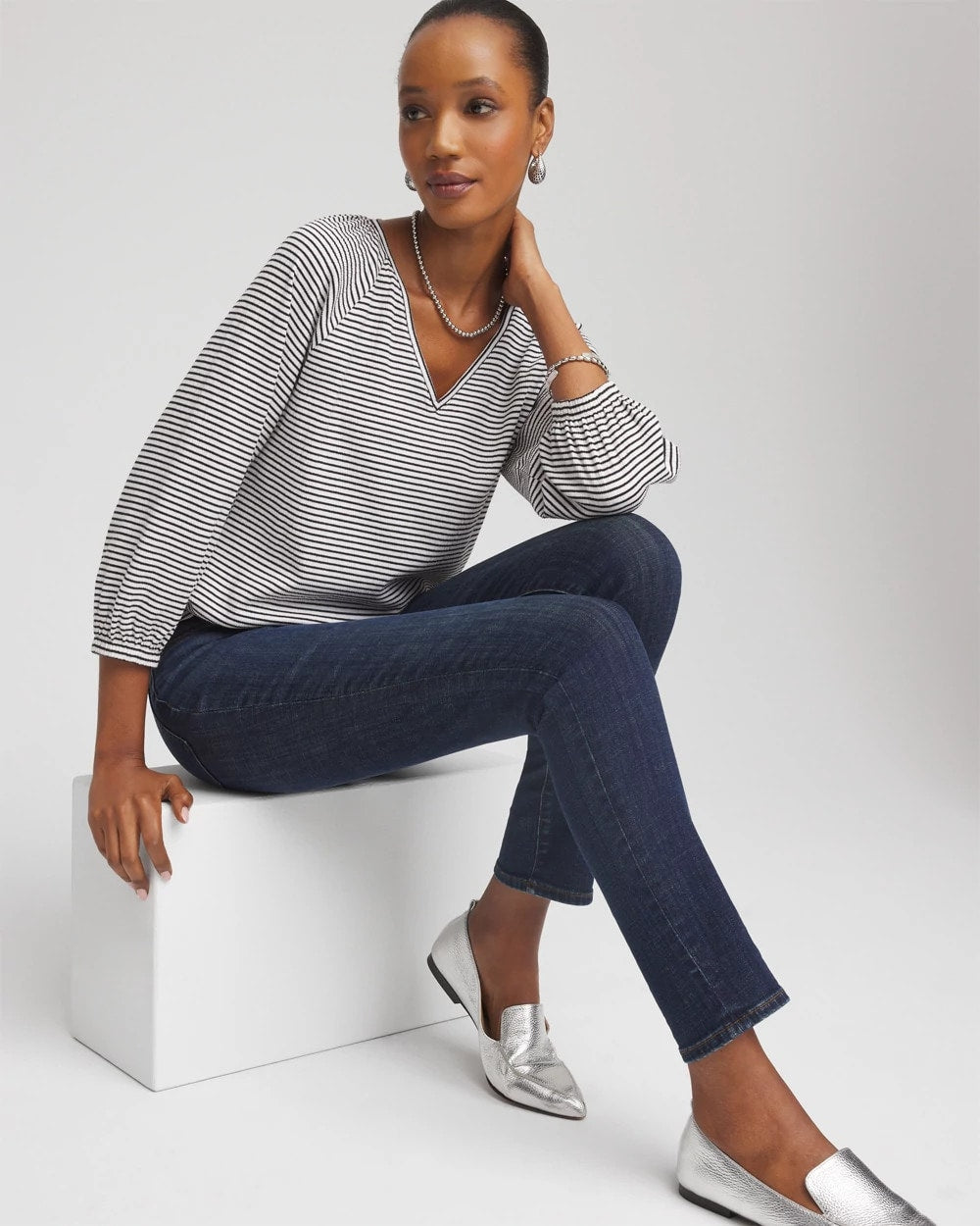 Chico's Clothing Striped Crinkled Raglan Top