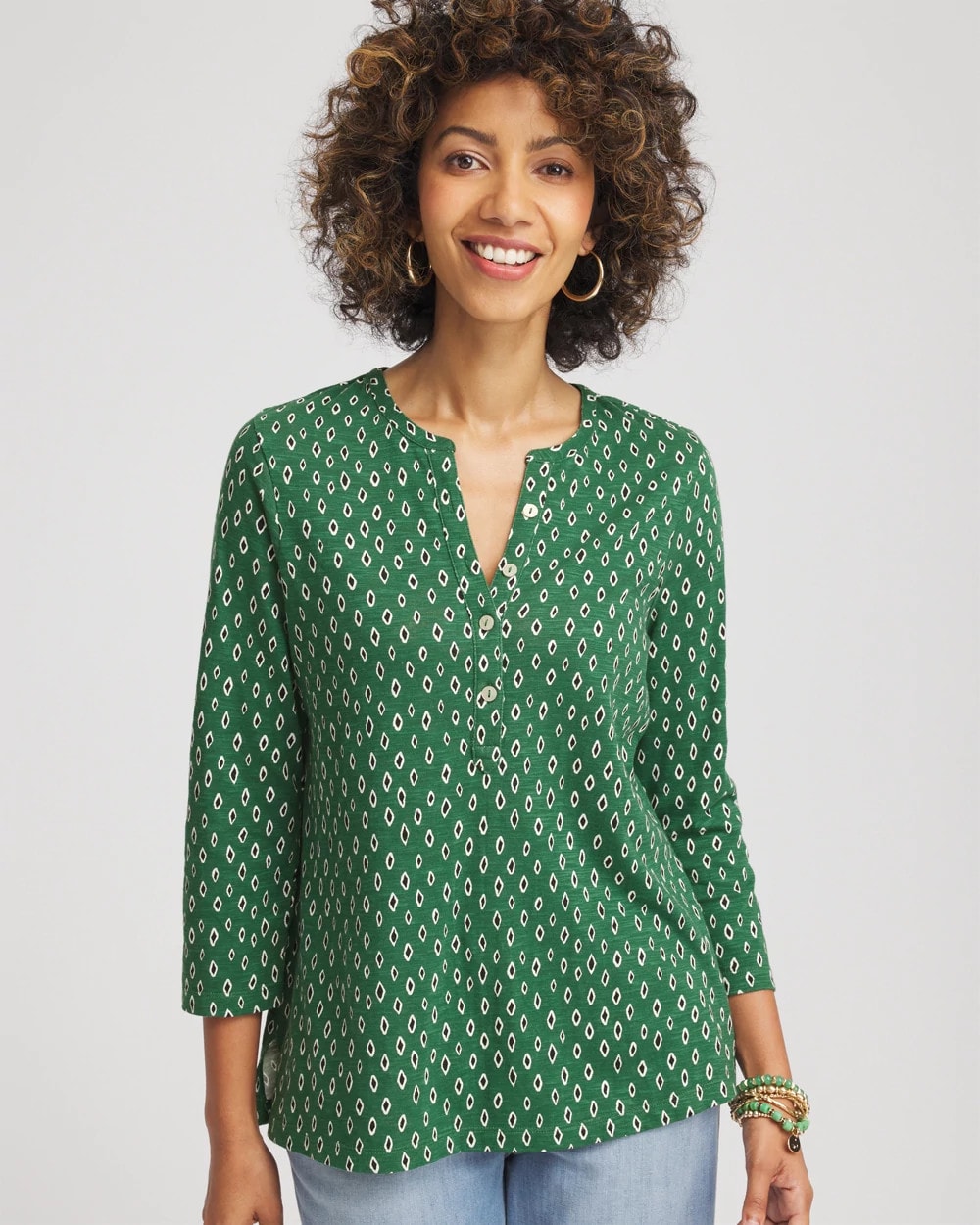 Chico's Clothing Geo Cotton Slub Henley Shirt