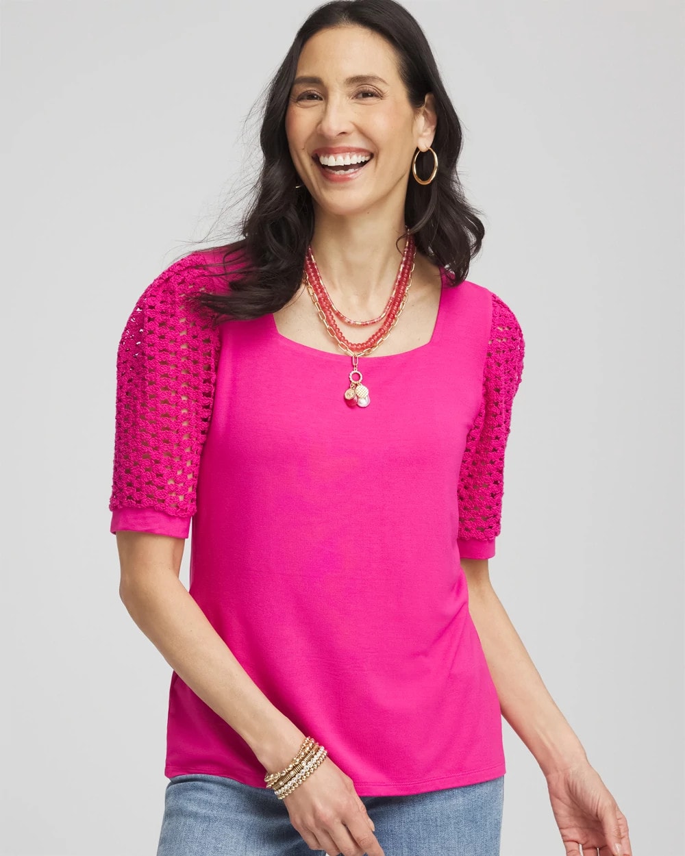 Chico's Clothing Touch of Cool™ Crochet Lace Square-Neck Tee