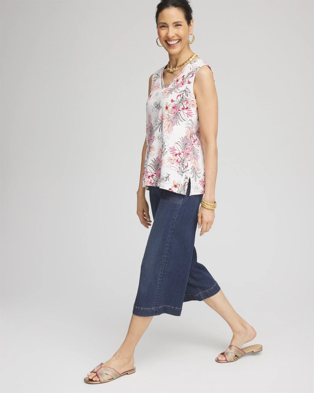Chico's Clothing Floral Sleeveless V-Neck Tank