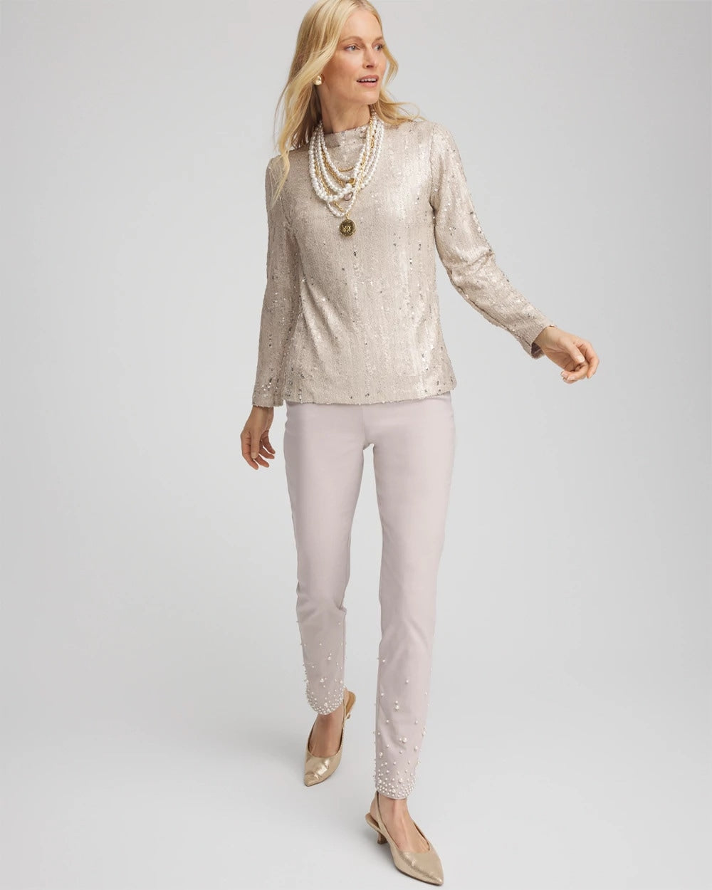 Chico's Clothing Sequin Funnel Neck Tee