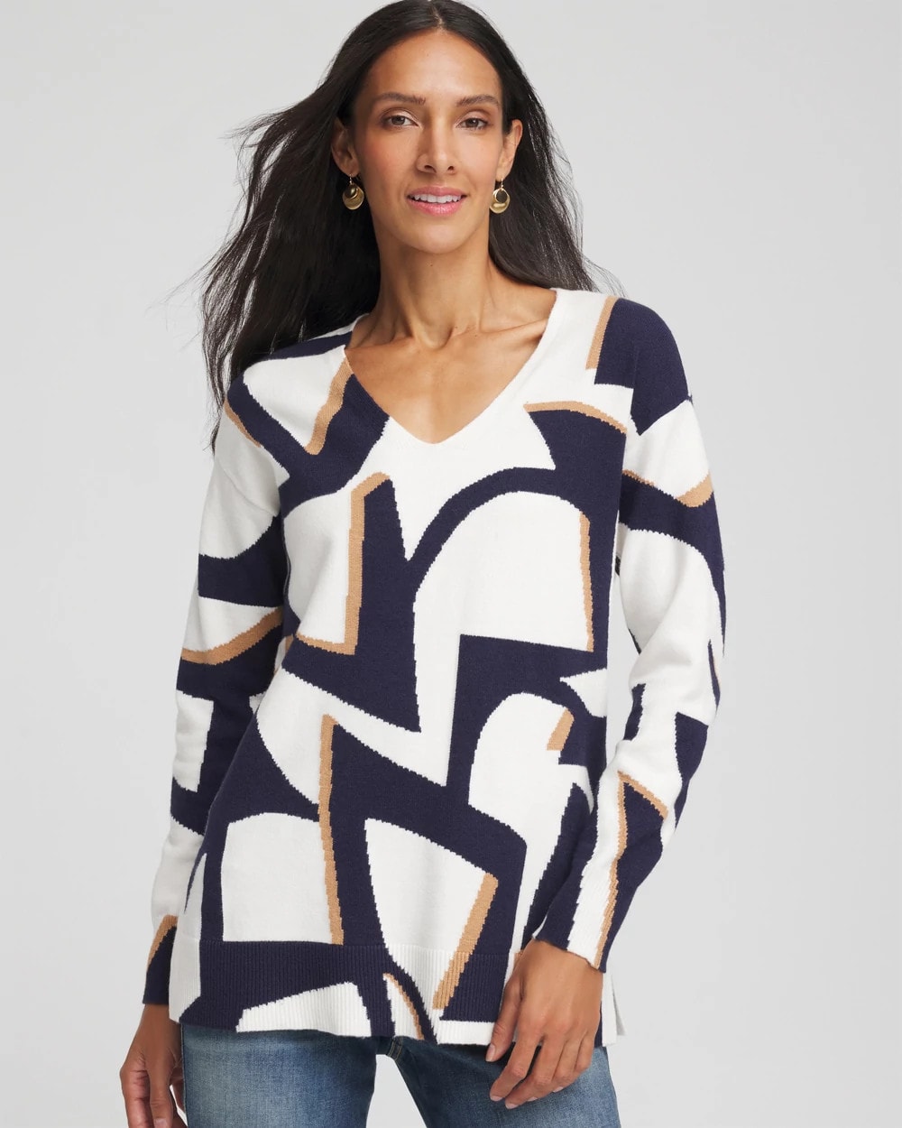 Chico's Clothing Geo Intarsia V-Neck Tunic