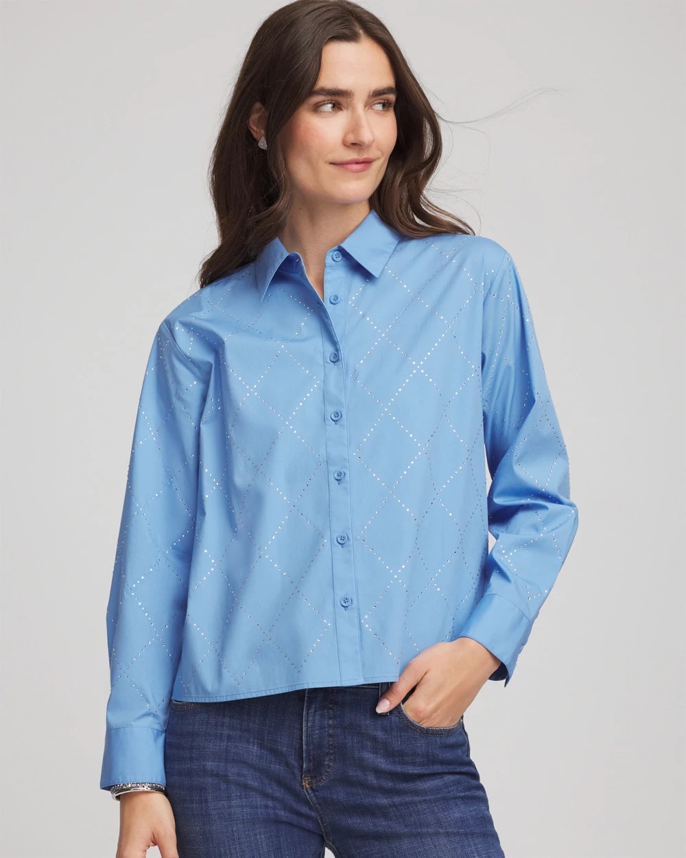 Chico's Clothing Embellished Stretch Cotton Collared Shirt