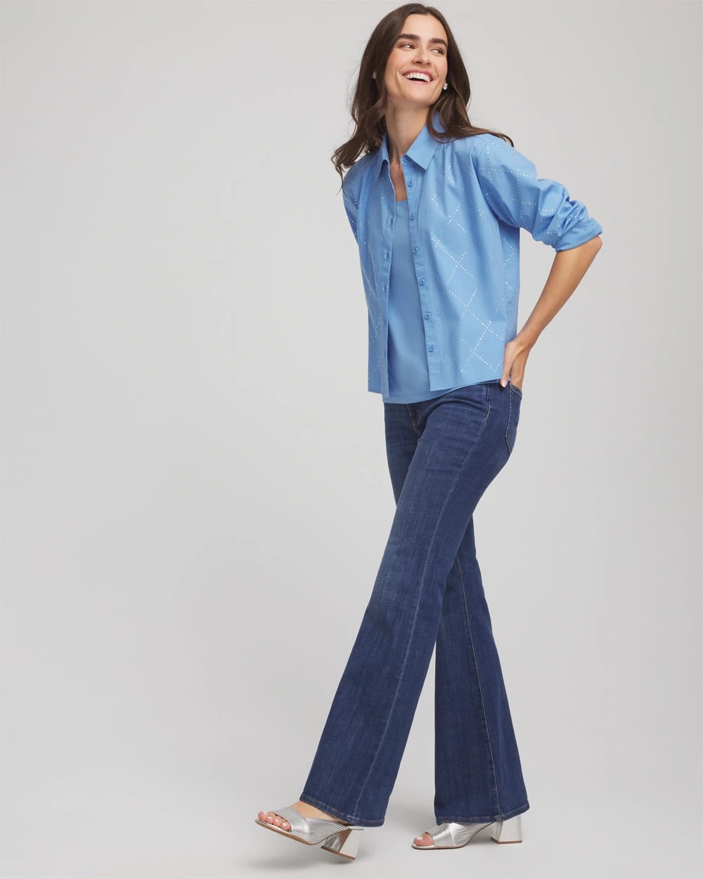 Chico's Clothing Embellished Stretch Cotton Collared Shirt