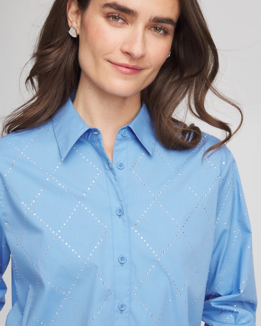 Chico's Clothing Embellished Stretch Cotton Collared Shirt