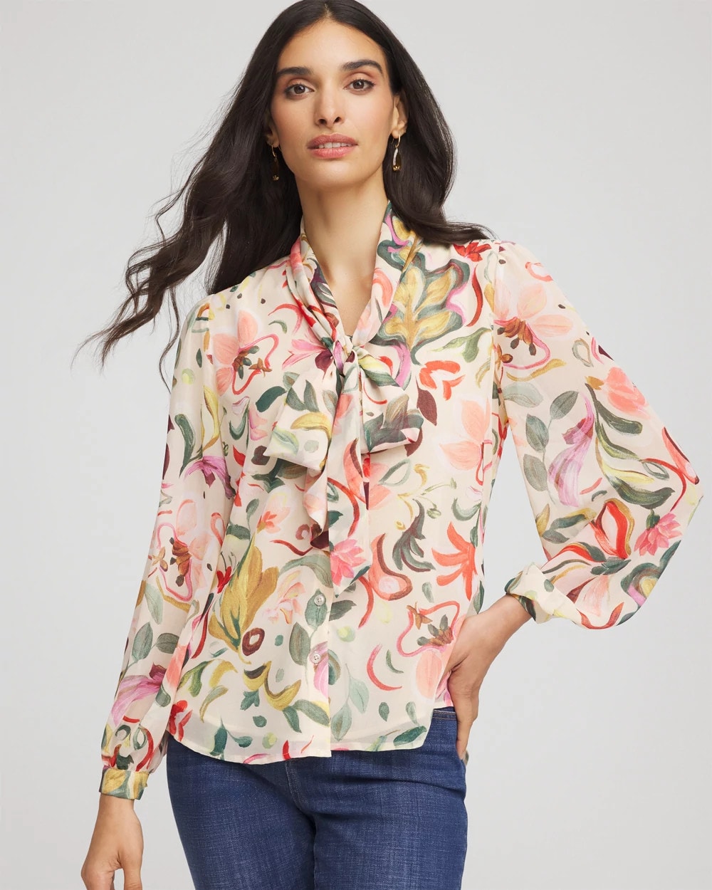 Chico's Clothing Floral Jacquard Tie-Front Blouse