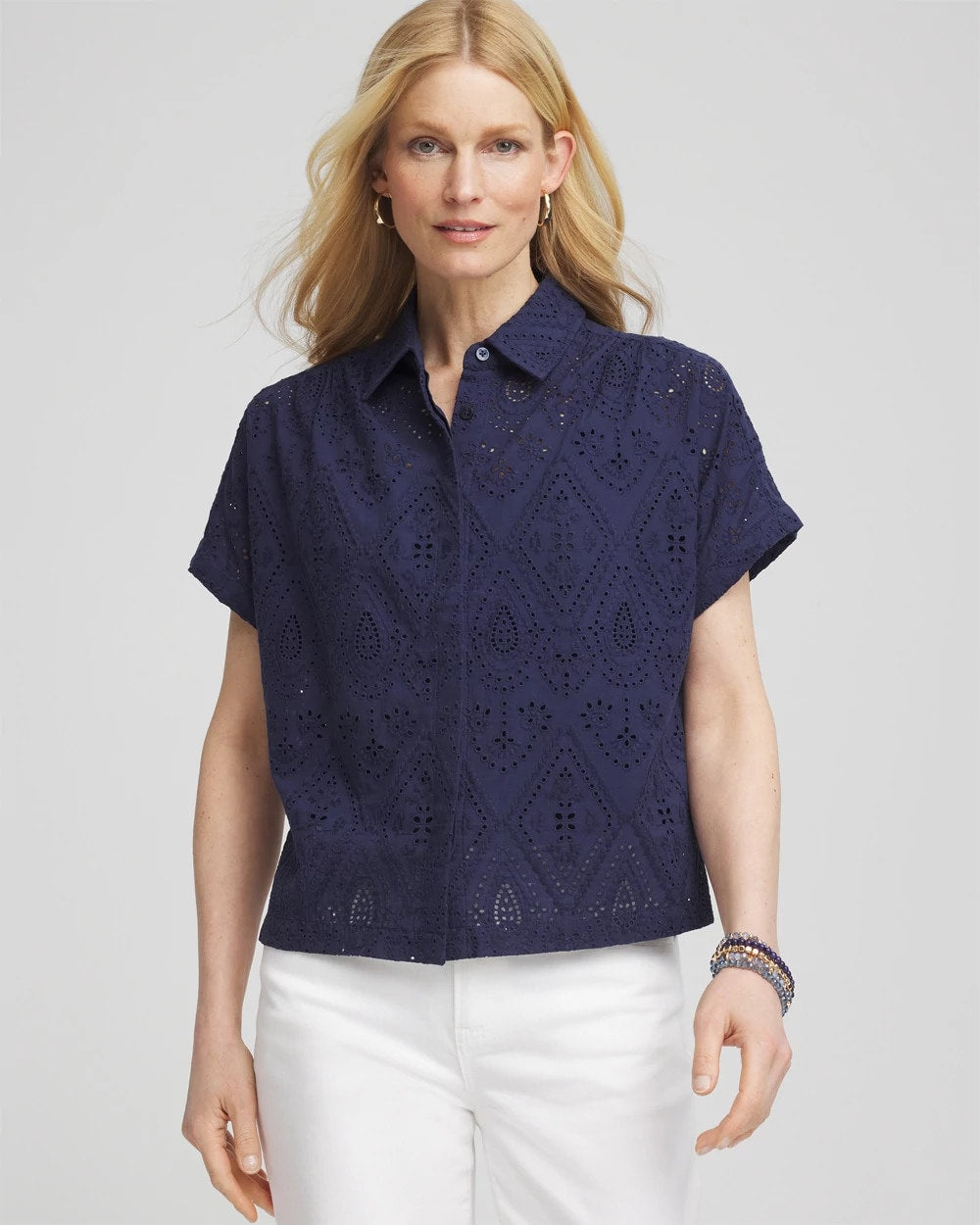 Chico's Clothing Embroidered Eyelet Button-down Top