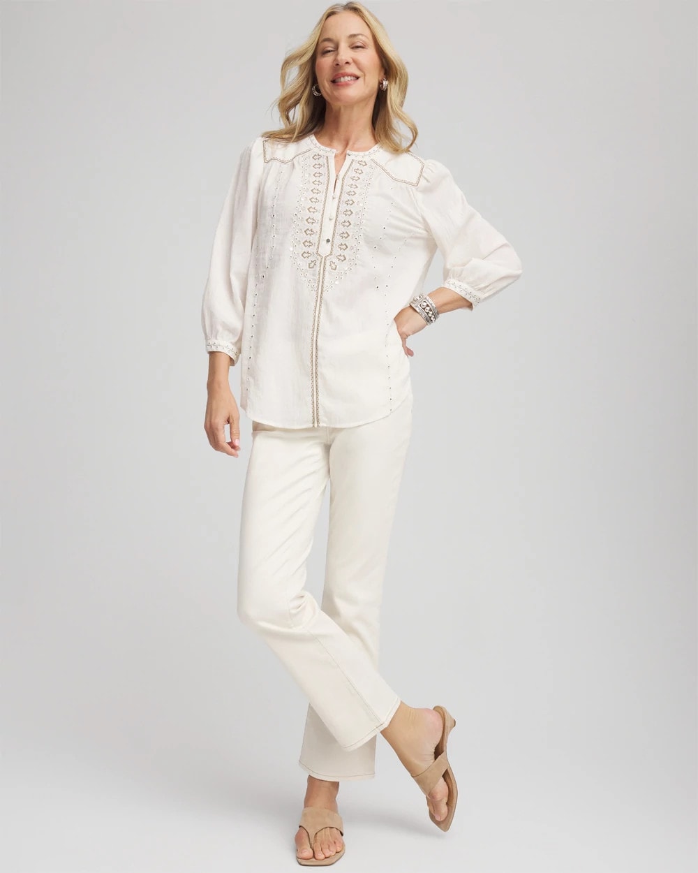 Chico's Clothing Embroidered Crinkle-Cotton Blouse