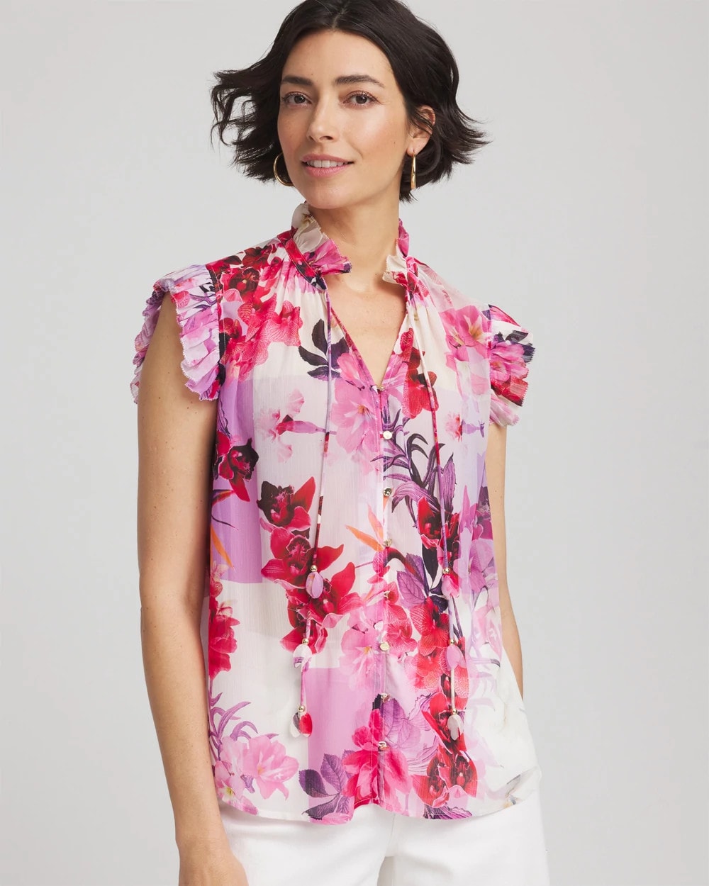 Chico's Clothing Floral Ruffle Collar Blouse