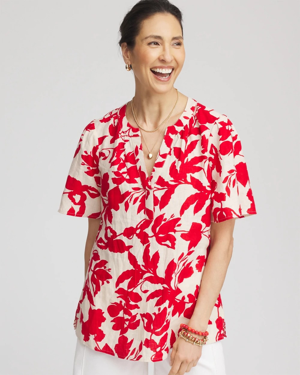 Chico's Clothing Floral Linen Popover Shirt