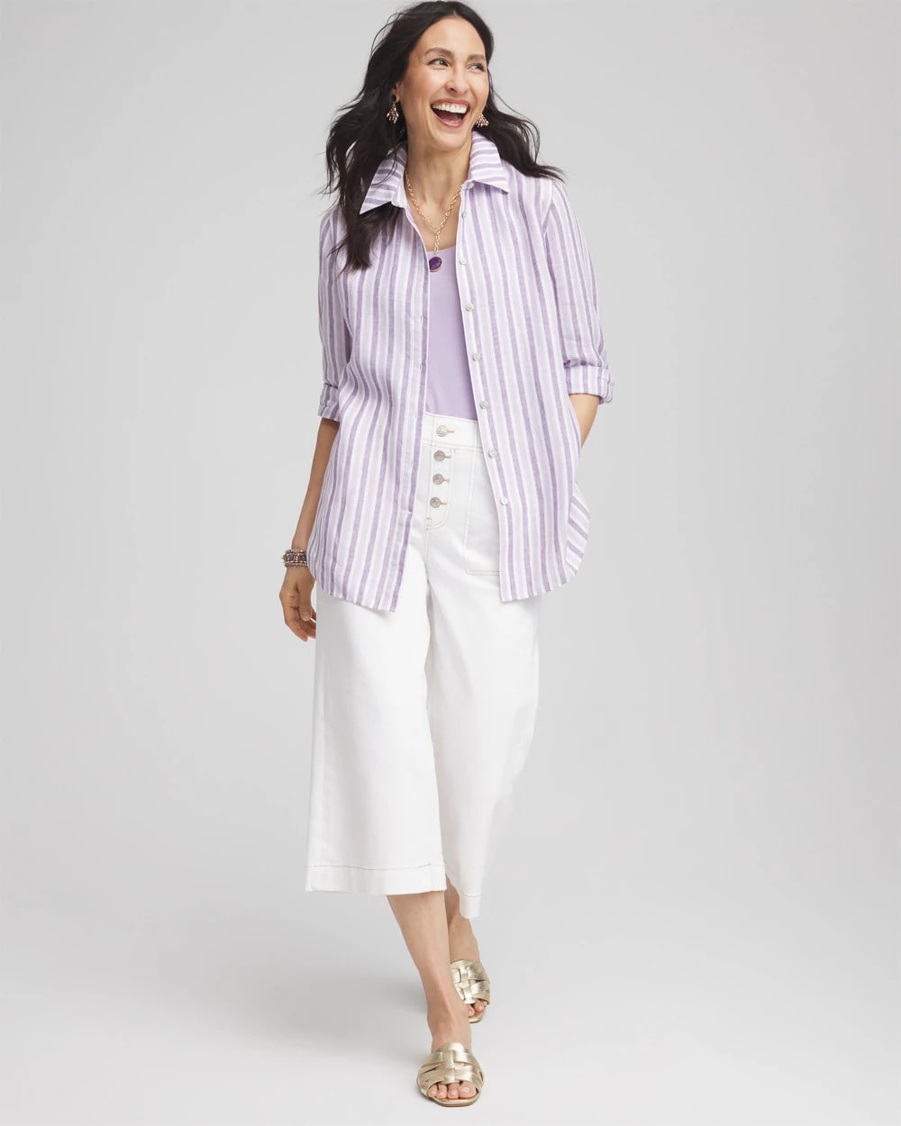 Chico's Clothing No Iron™ Plum Striped Linen Shirt