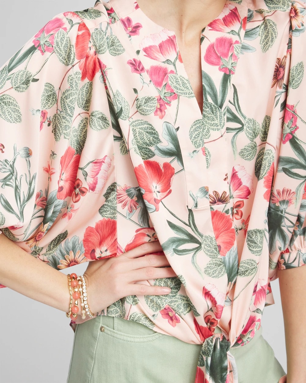 Chico's Clothing Floral Satin Tie-Front Pullover Top