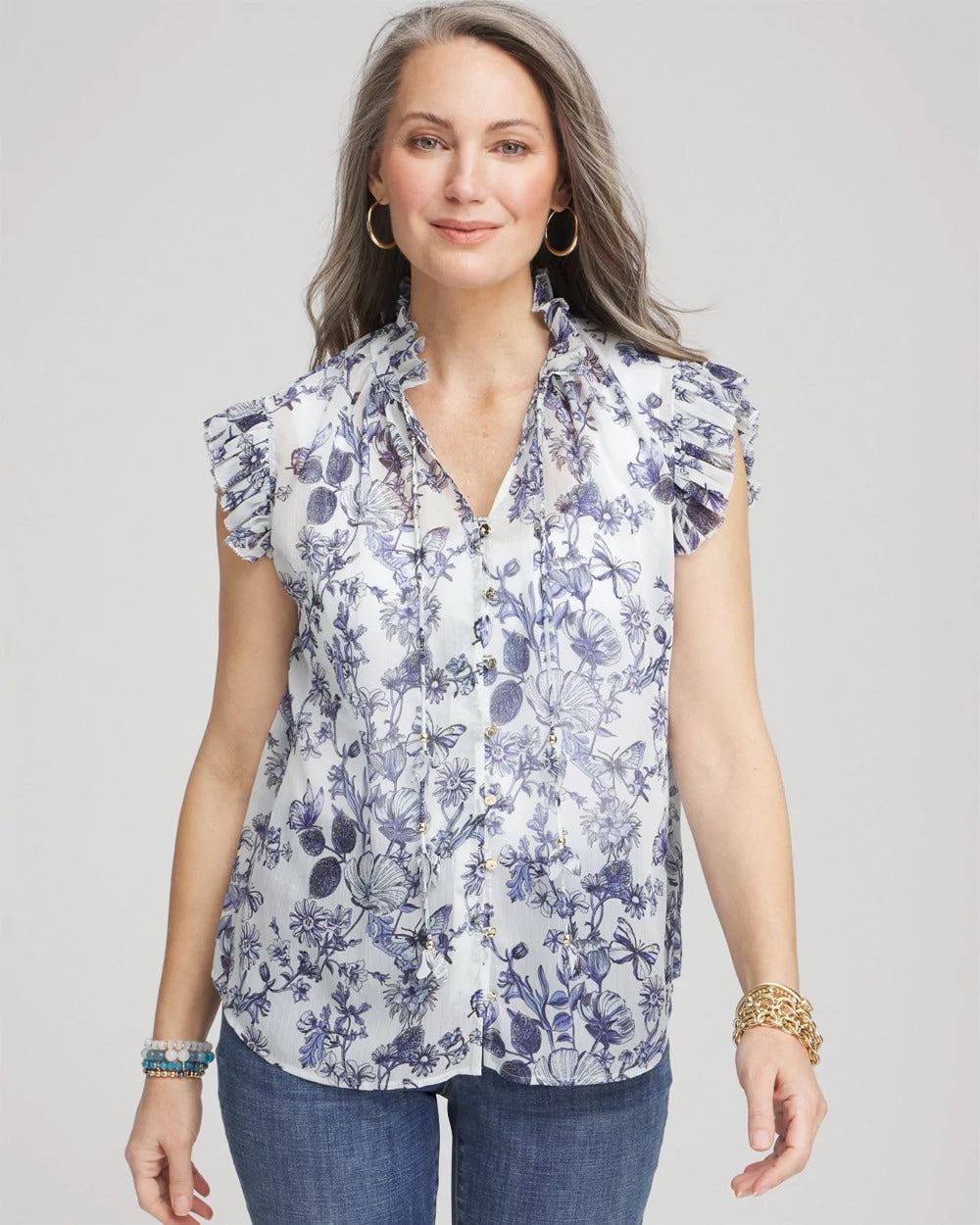 Chico's Clothing Butterfly Ruffle Collar Blouse