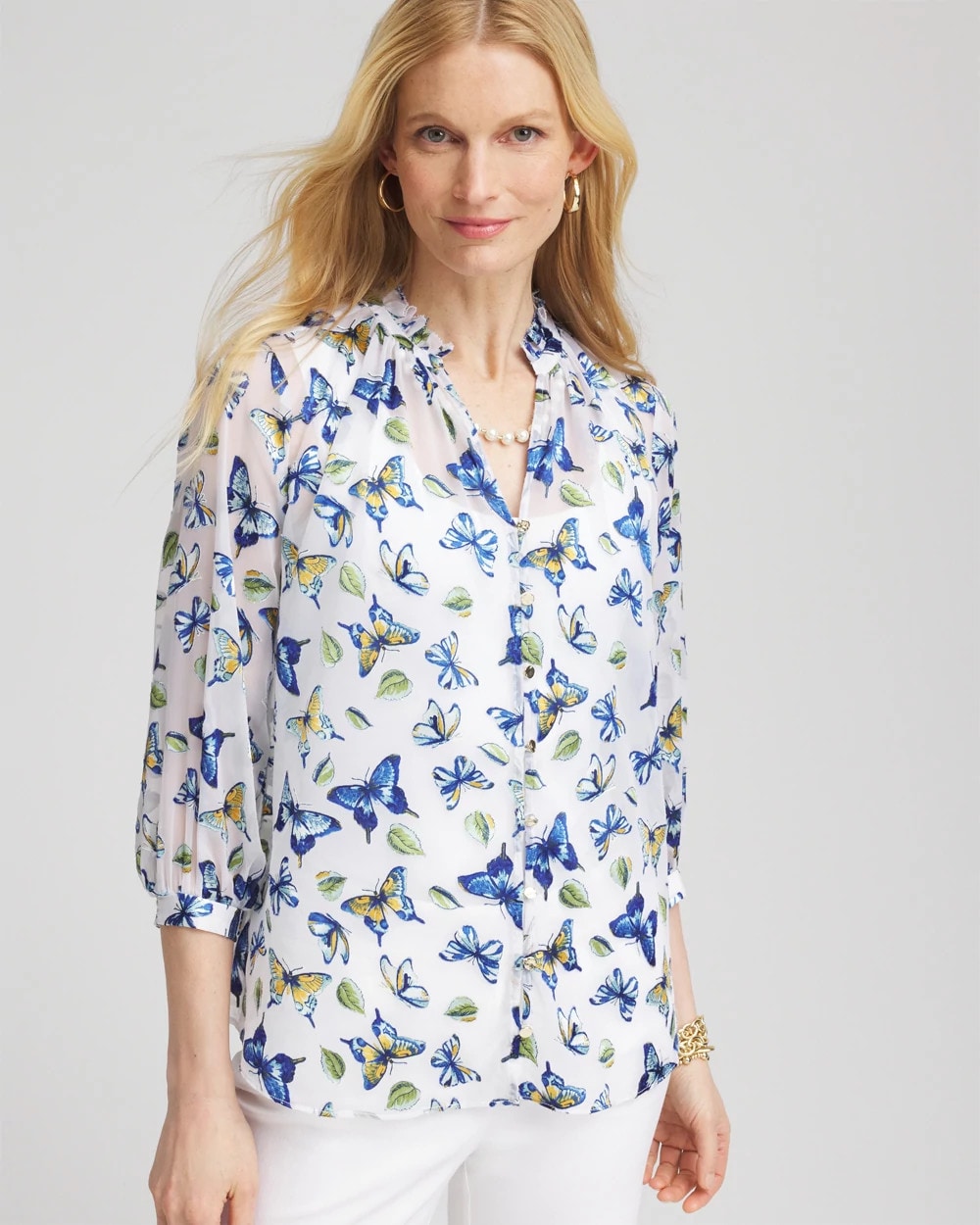 Chico's Clothing Ruffle Collar Butterfly Burnout Blouse