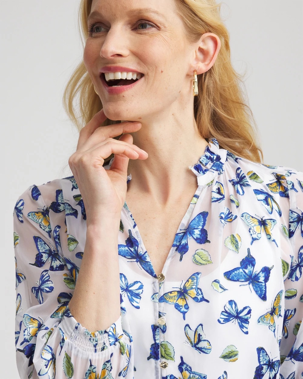 Chico's Clothing Ruffle Collar Butterfly Burnout Blouse