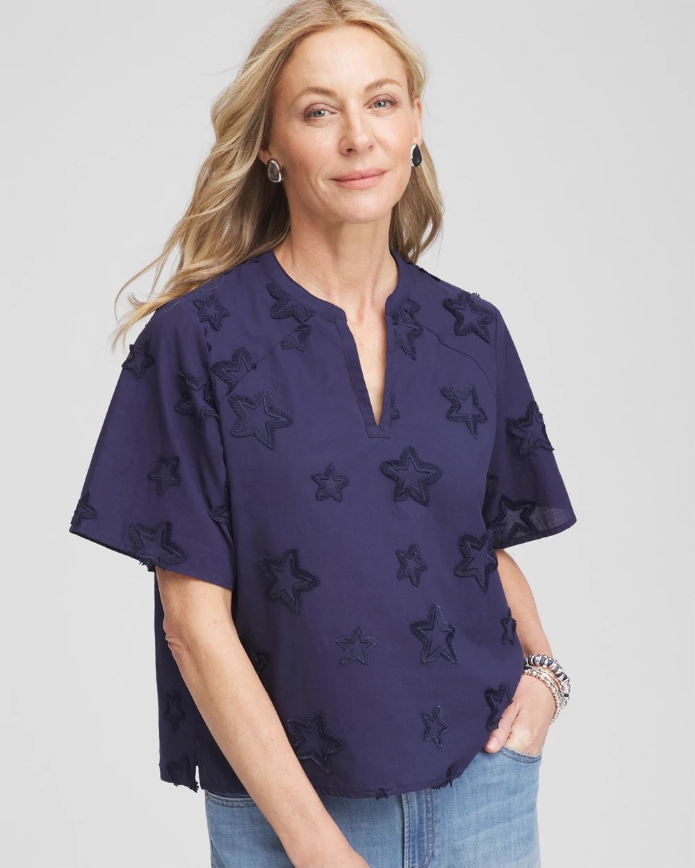 Chico's Clothing Embroidered Star Split Neck Blouse