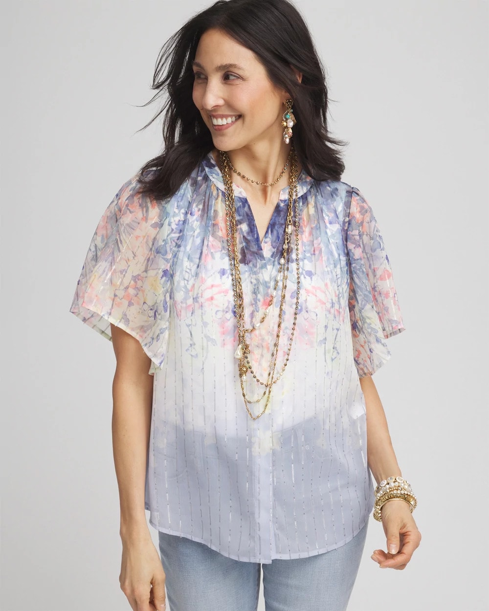Chico's Clothing Jacquard Flutter-Sleeve Blouse