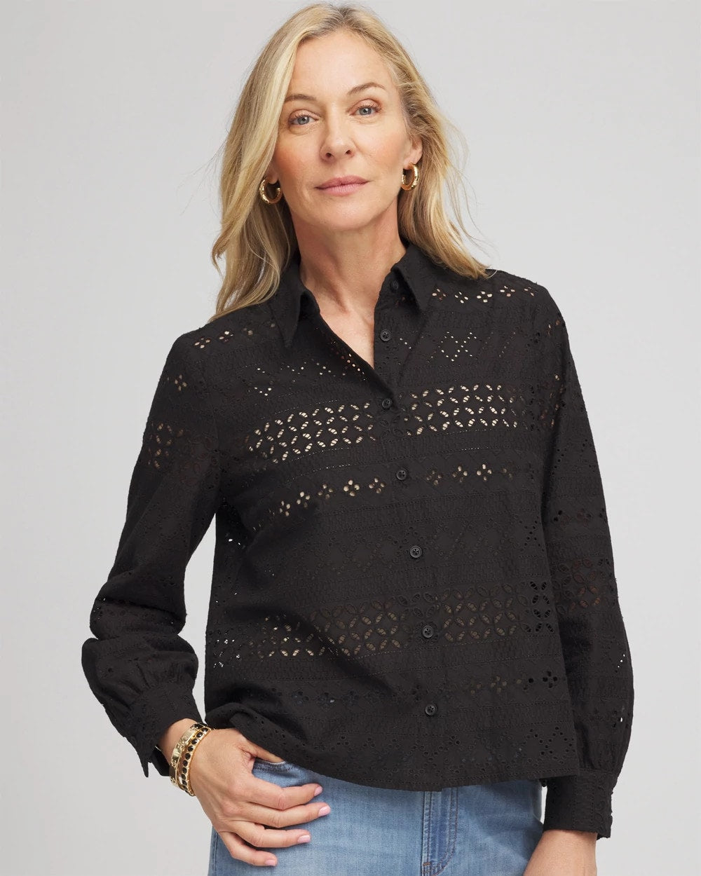 Chico's Clothing Embroidered Eyelet Collared Shirt
