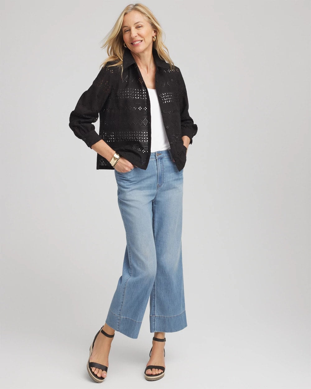 Chico's Clothing Embroidered Eyelet Collared Shirt