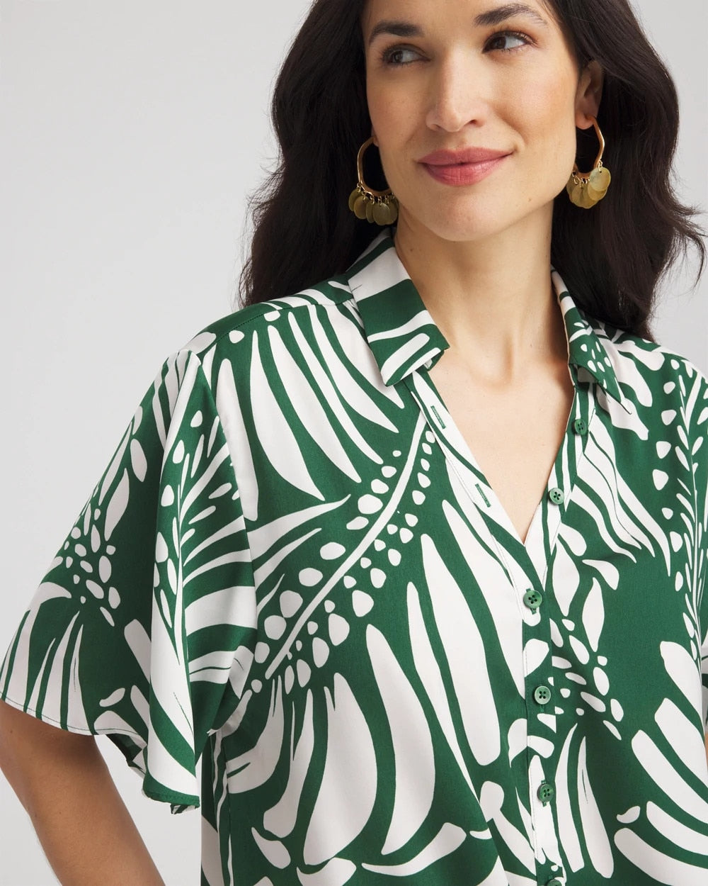 Chico's Clothing Palm Print Tie-Front Silky Top