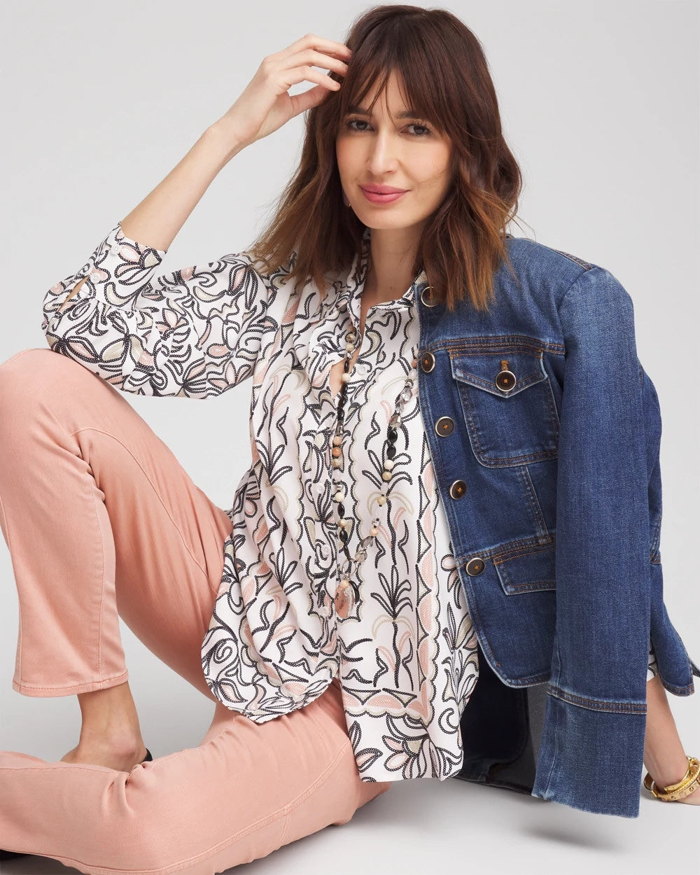 Chico's Clothing Faux Silk Floral Collared Shirt