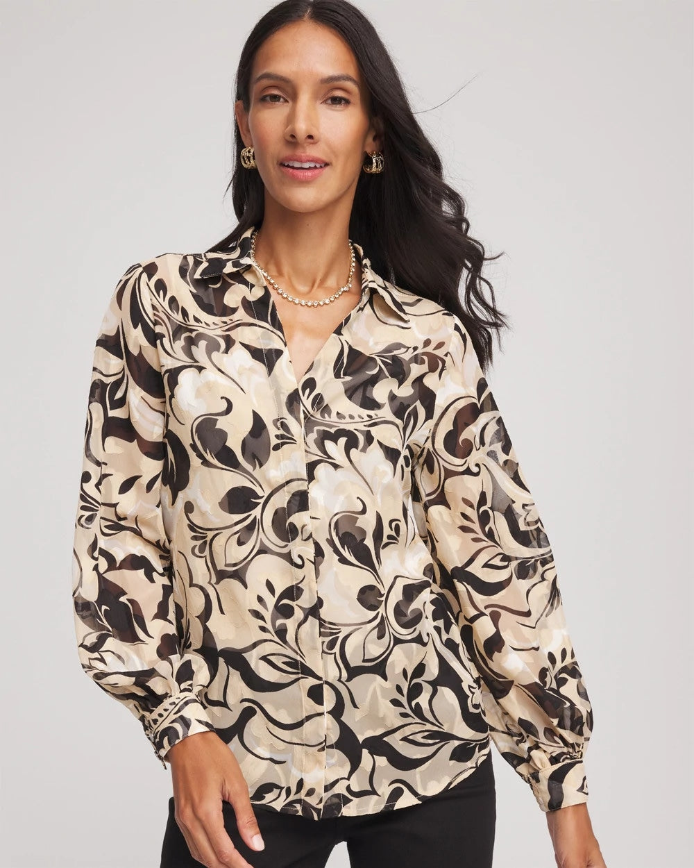 Chico's Clothing Floral Burnout Blouson-Sleeve Blouse