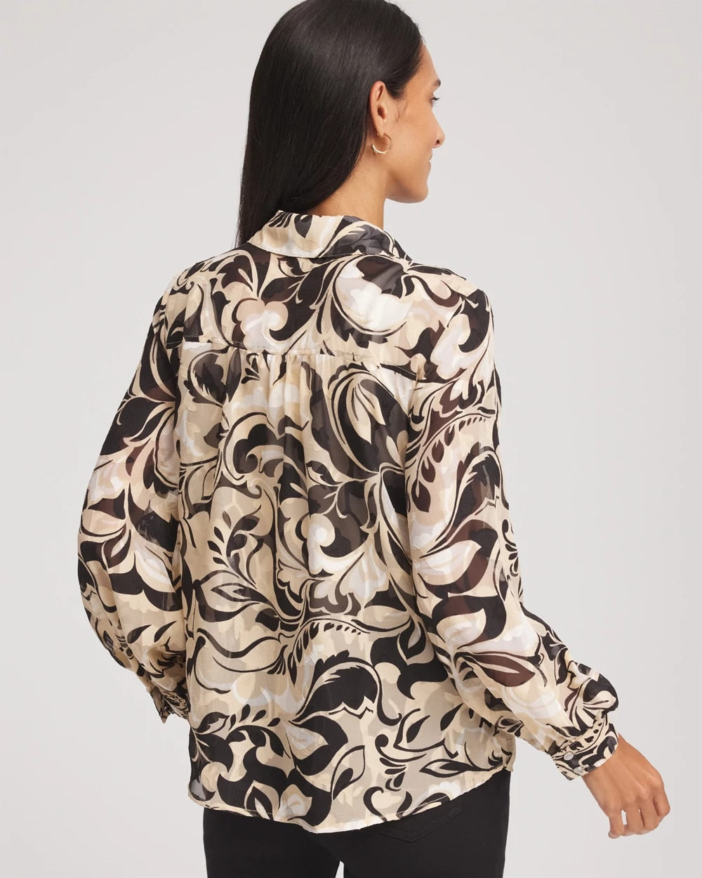 Chico's Clothing Floral Burnout Blouson-Sleeve Blouse