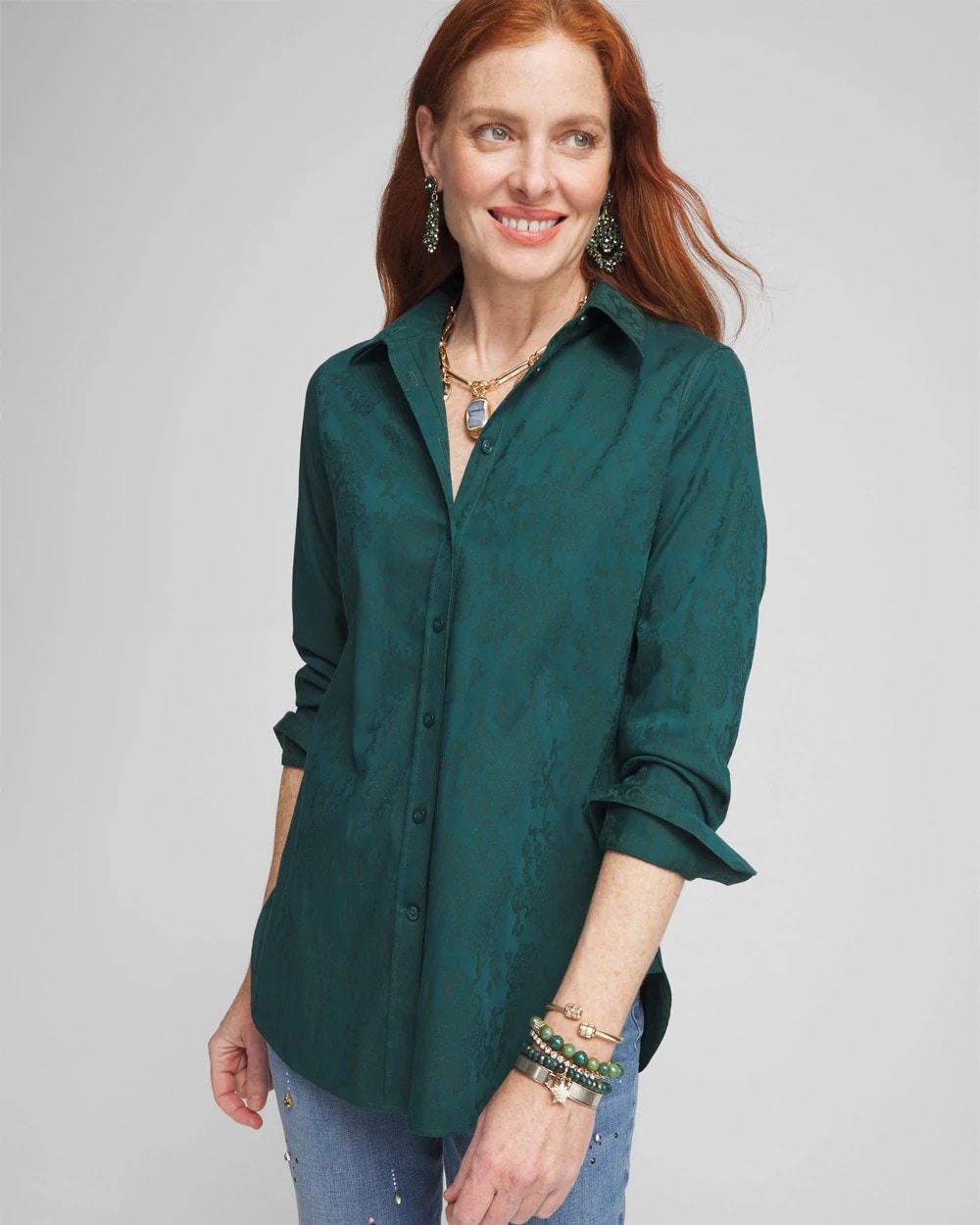 Chico's Clothing No Iron™ Green Jacquard Shirt