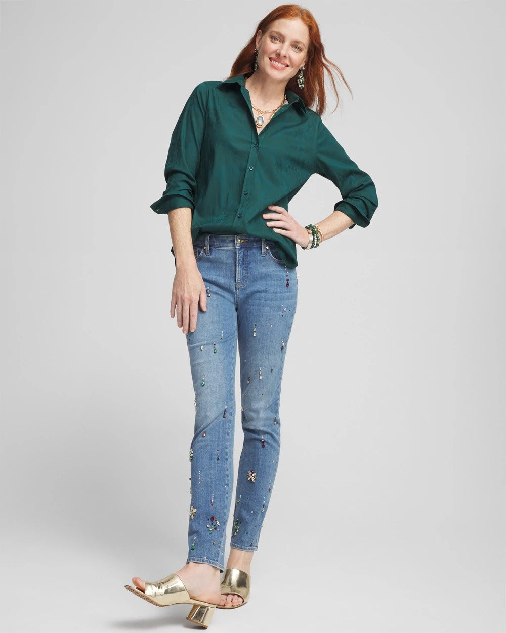 Chico's Clothing No Iron™ Green Jacquard Shirt