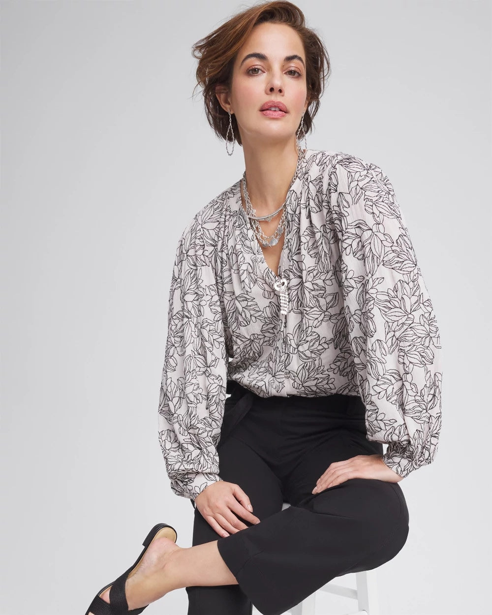 Chico's Clothing Crepe Embroidered Blouse