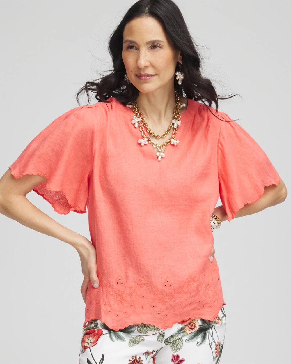 Chico's Clothing Linen Embroidered Hem Blouse