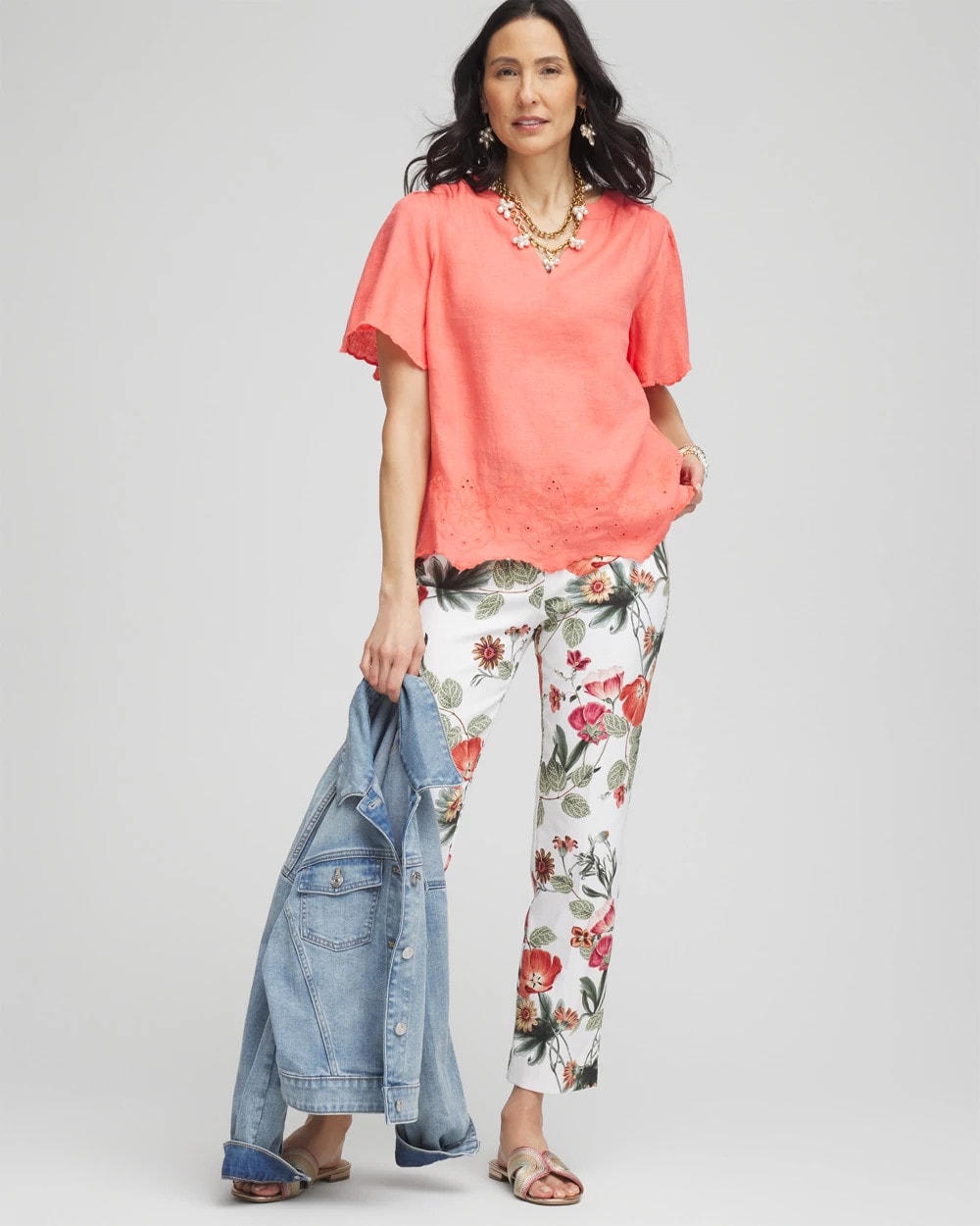 Chico's Clothing Linen Embroidered Hem Blouse
