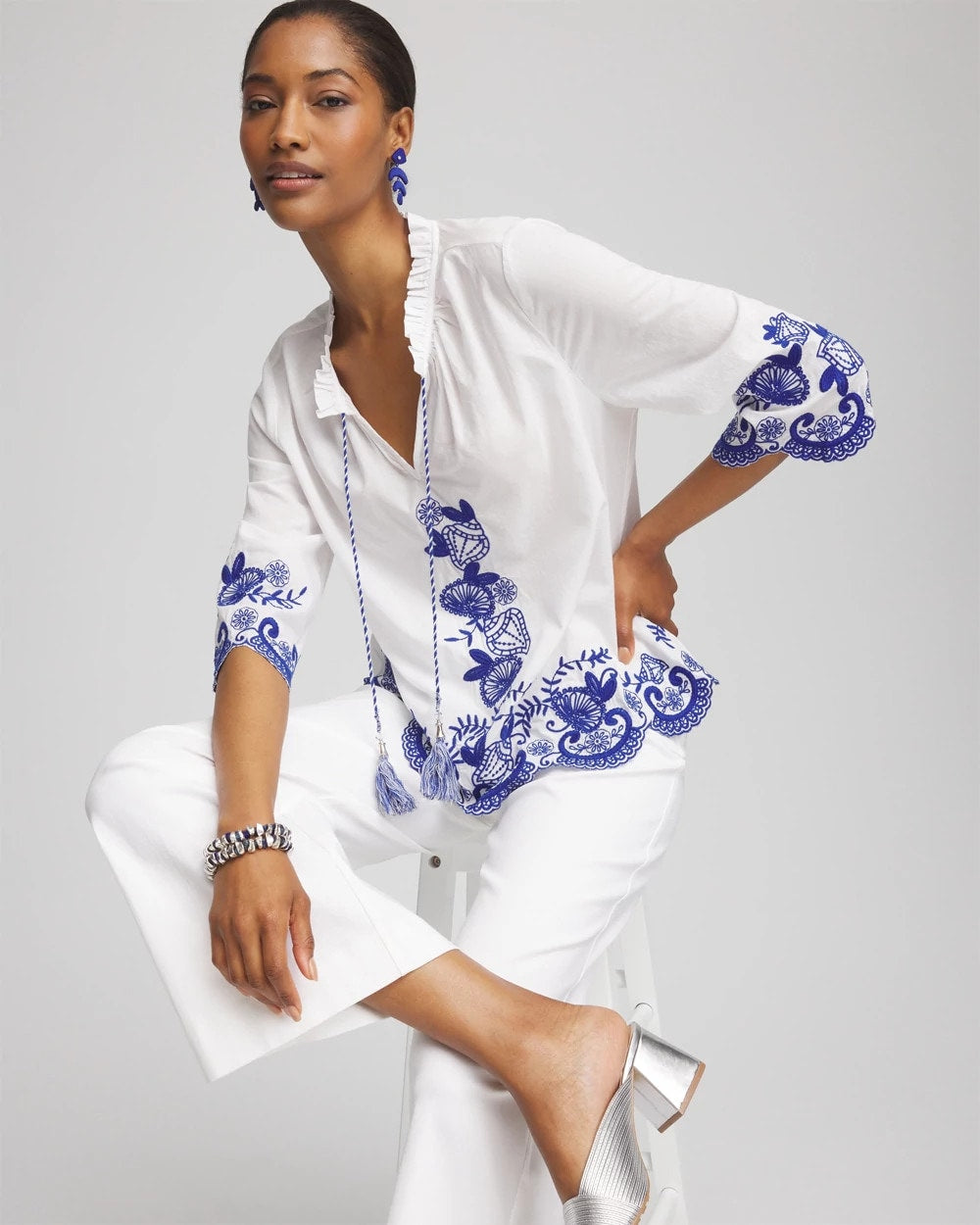 Chico's Clothing Embroidered Tassel Tie-Front Blouse
