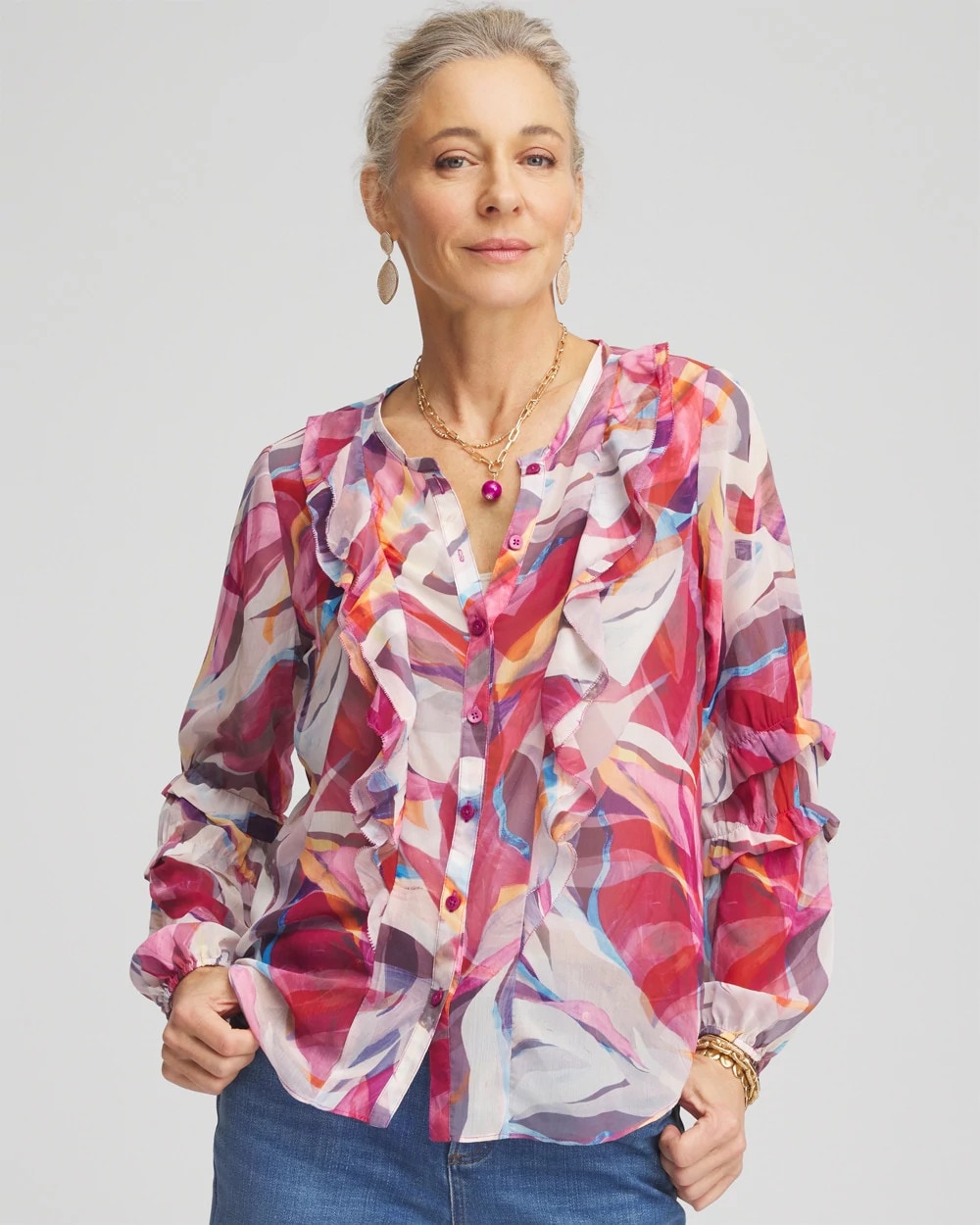 Chico's Clothing Abstract Ruffles Crinkle Blouse