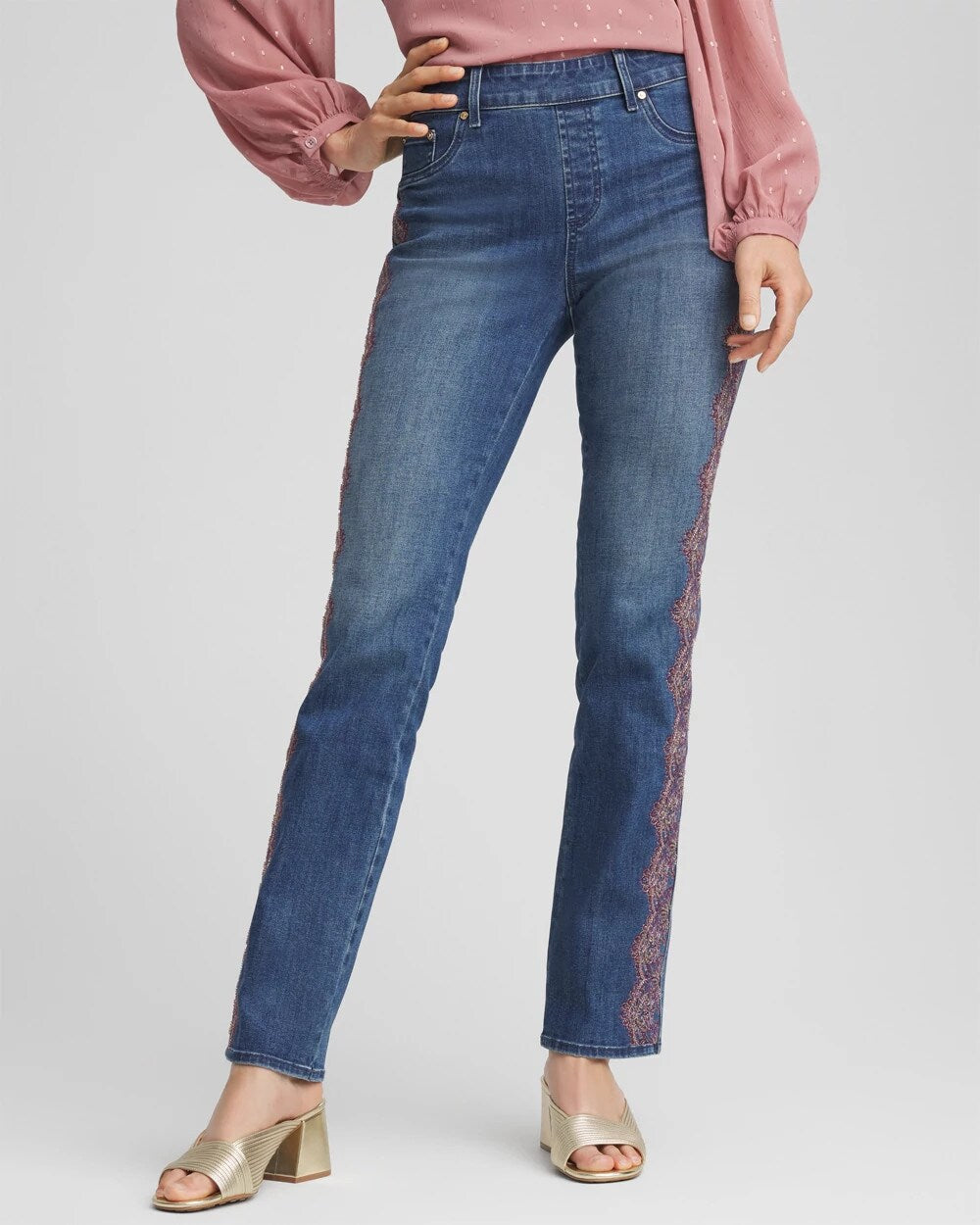 Chico's Clothing Lace Embroidered Pull-On Straight Jeans