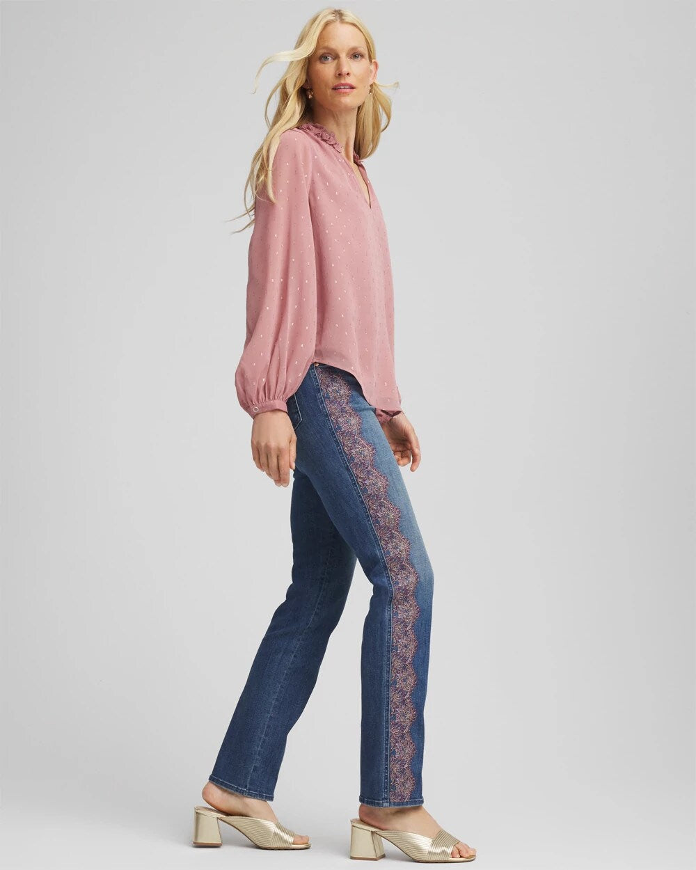Chico's Clothing Lace Embroidered Pull-On Straight Jeans