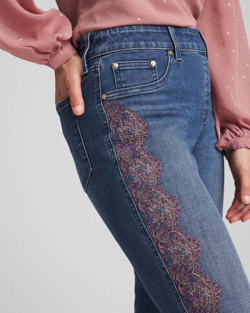 Chico's Clothing Lace Embroidered Pull-On Straight Jeans