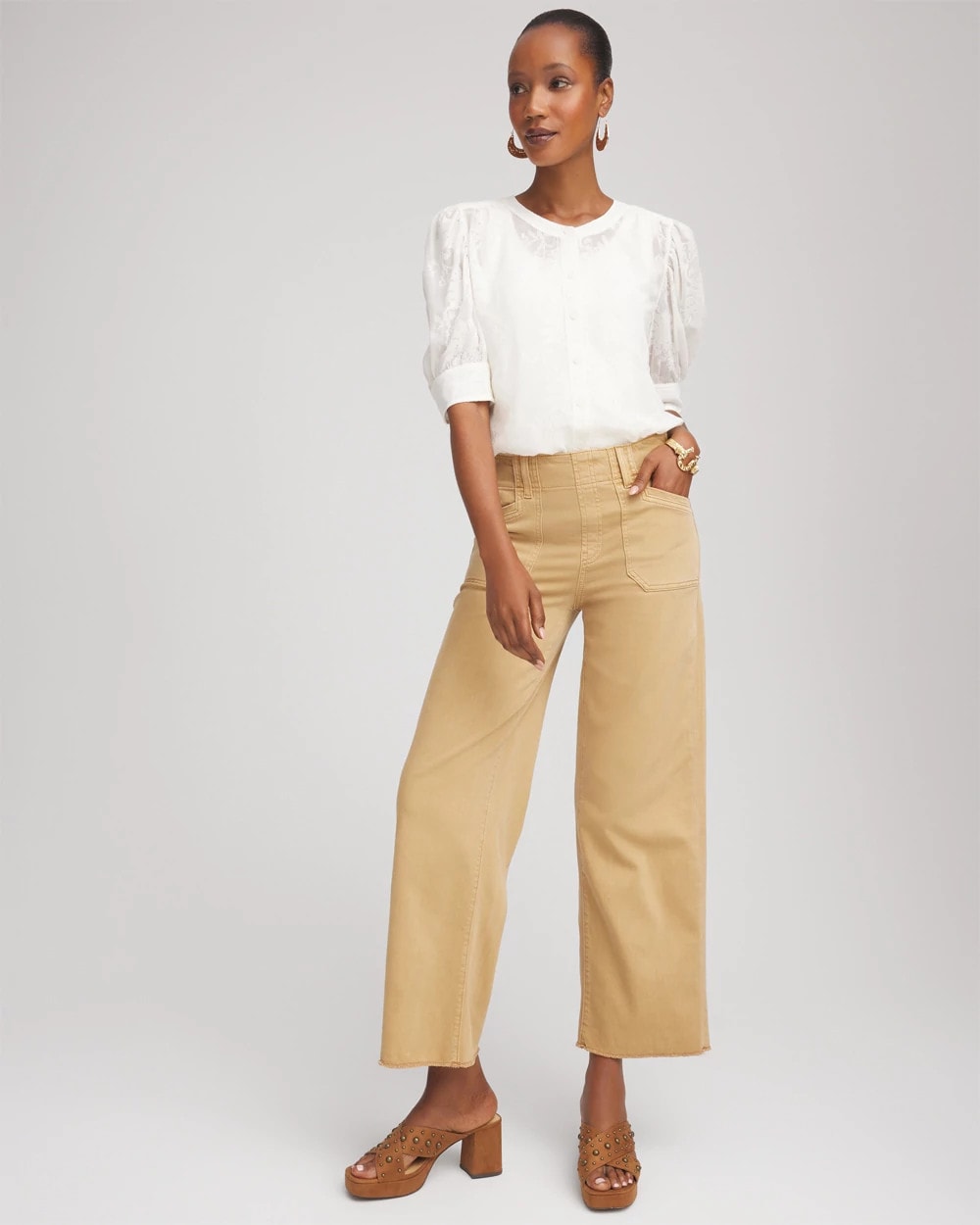 Chico's Clothing Neutral Pull-On Cropped Wide-Leg Frayed Jeans