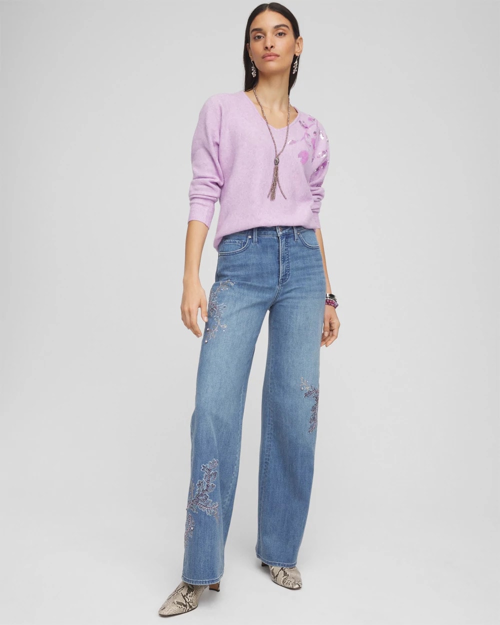 Chico's Clothing Embellished High Rise Wide Leg Jeans