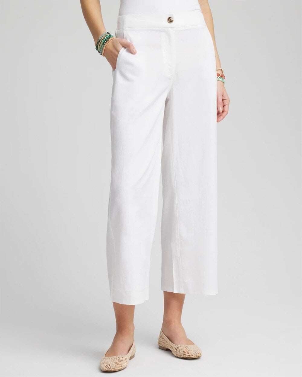 Chico's Clothing Ribbed Waist Linen Blend Straight-Leg Cropped Pants