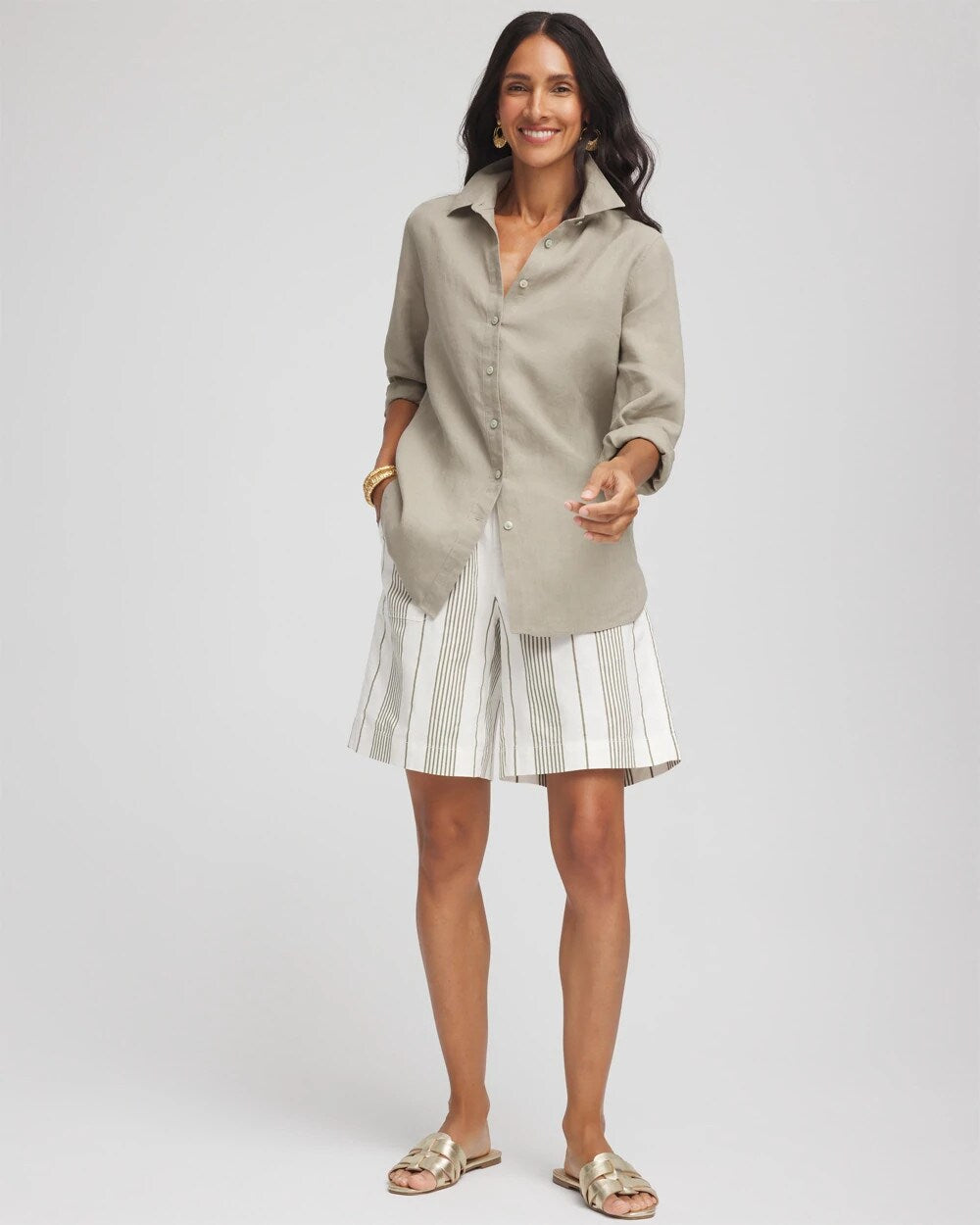 Chico's Clothing Striped Cotton-Linen Pull-On Utility Shorts