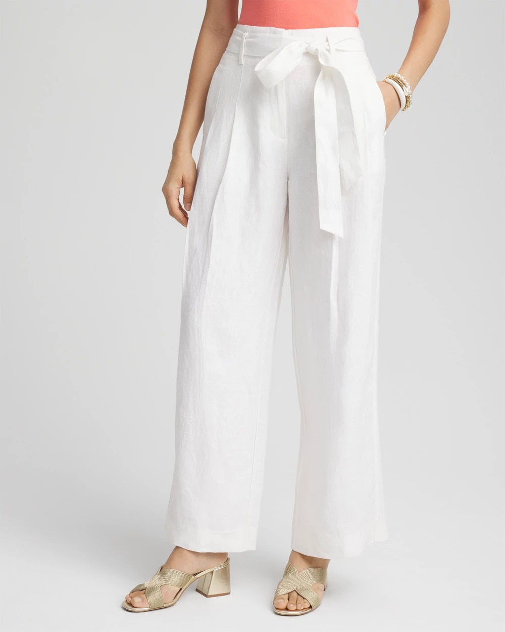 Chico's Clothing Belted Pleated Wide-Leg Linen Pants
