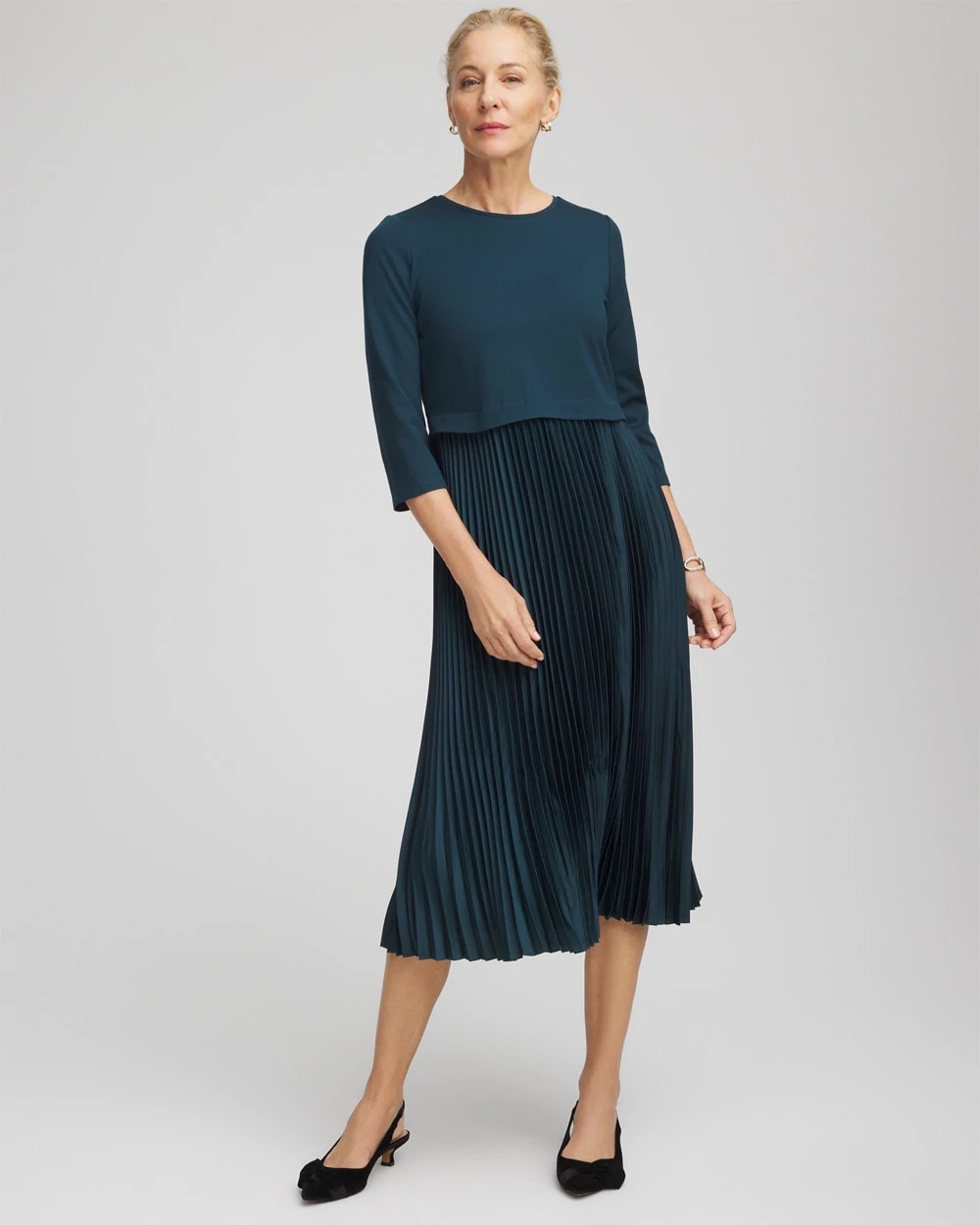 Chico's Clothing Satin-Knit Pleated Midi Dress