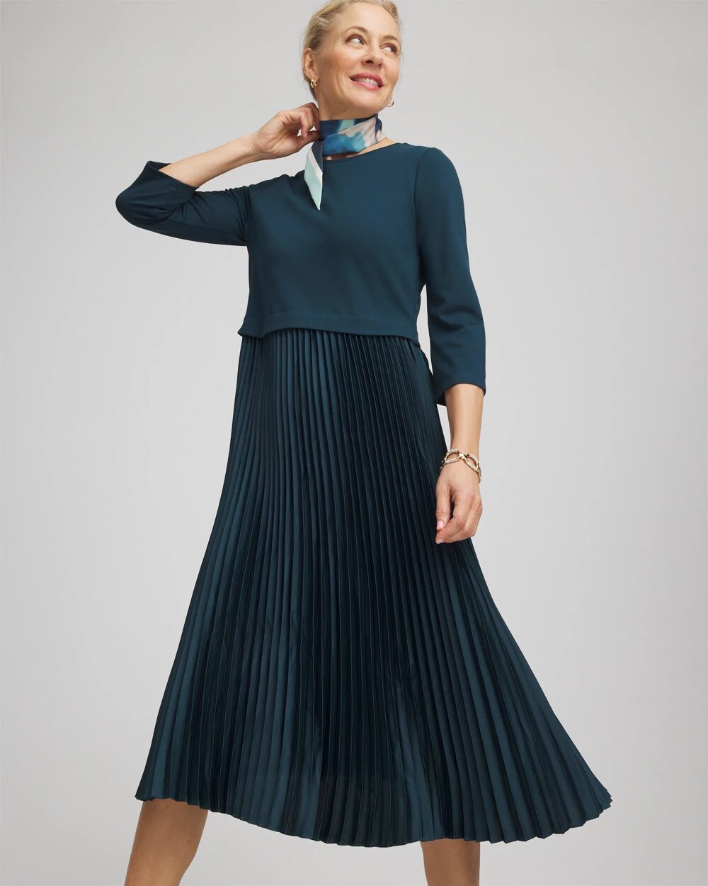 Chico's Clothing Satin-Knit Pleated Midi Dress
