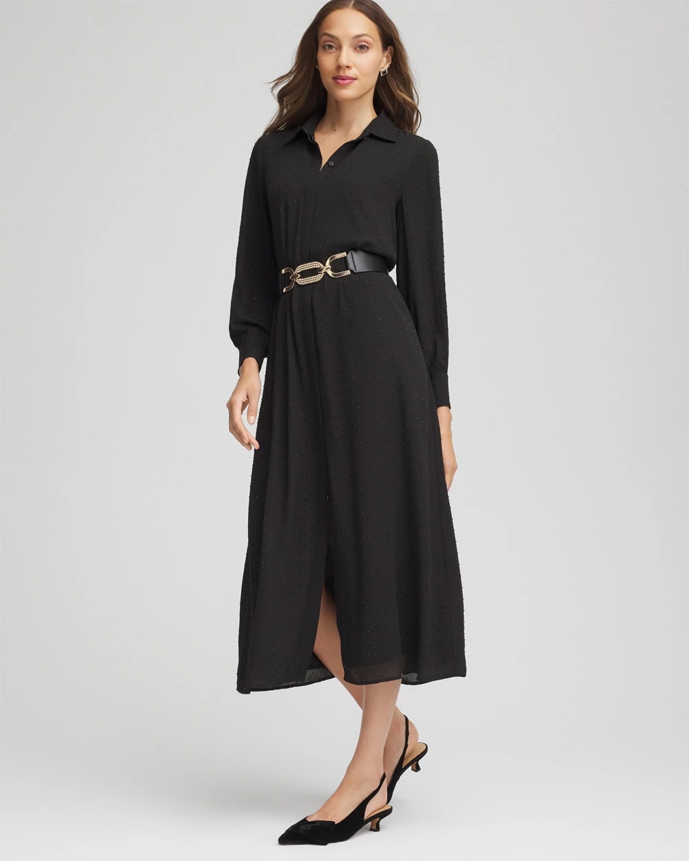 Chico's Clothing Sequined Long-Sleeved Maxi Shirtdress