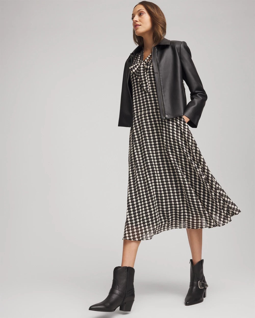 Chico's Clothing Chiffon Clip-Dot Tie-Neck Dress