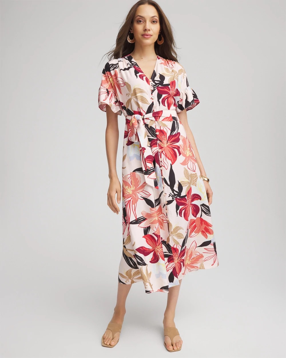 Chico's Clothing Tonal Floral Ruffle-Sleeved Midi Dress
