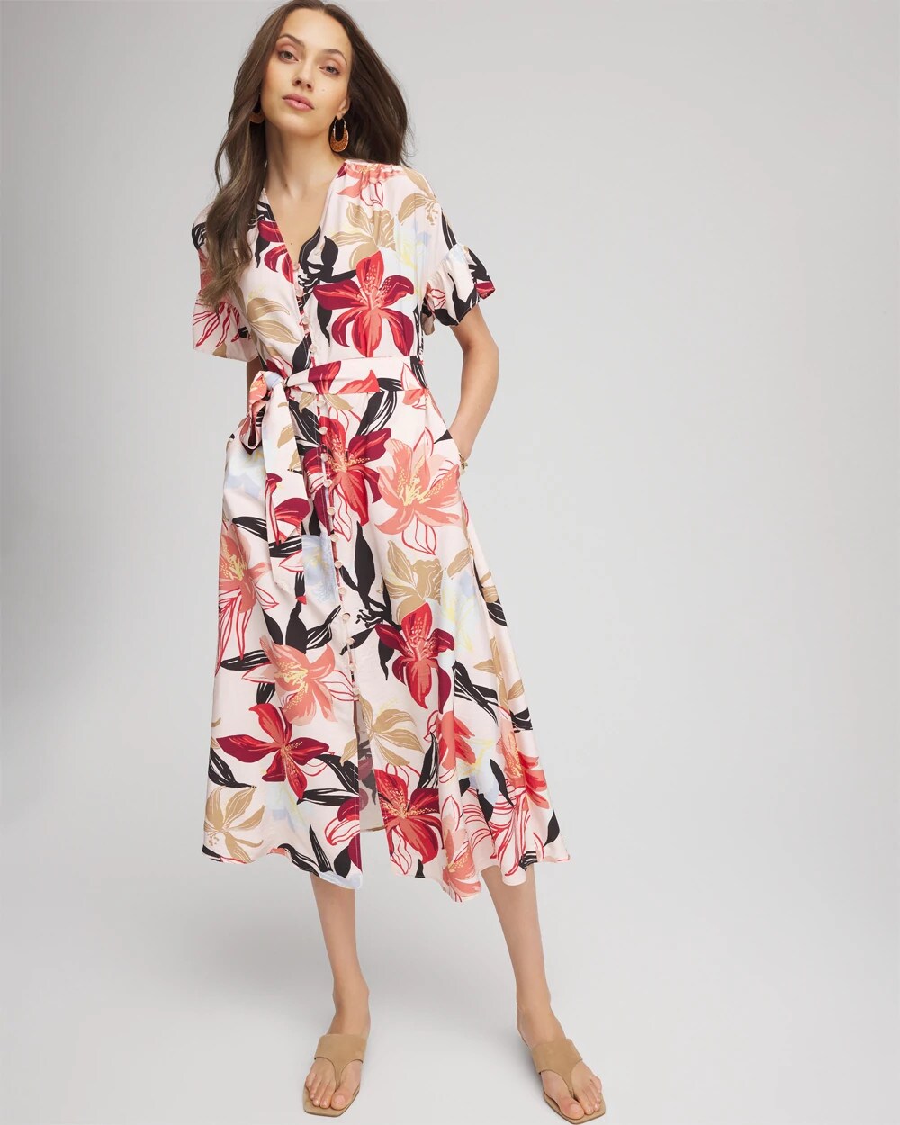 Chico's Clothing Tonal Floral Ruffle-Sleeved Midi Dress